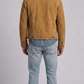 Regular fit men's tan suede outerwear displaying clean side welt pockets and adjustable button cuffs for a tailored profile.