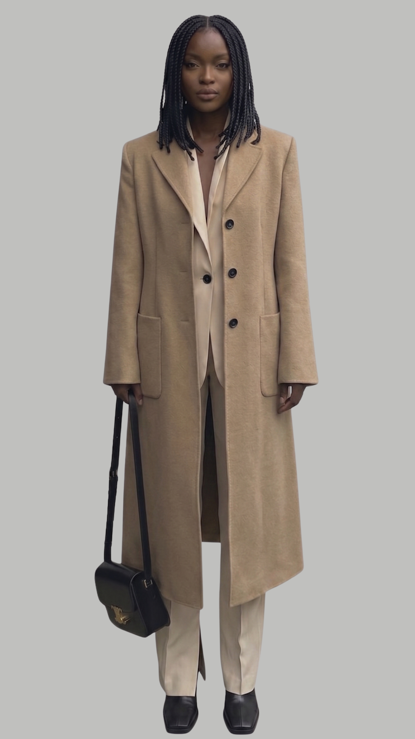 sharp camel-colored long wool coat designed with a tailored fit.