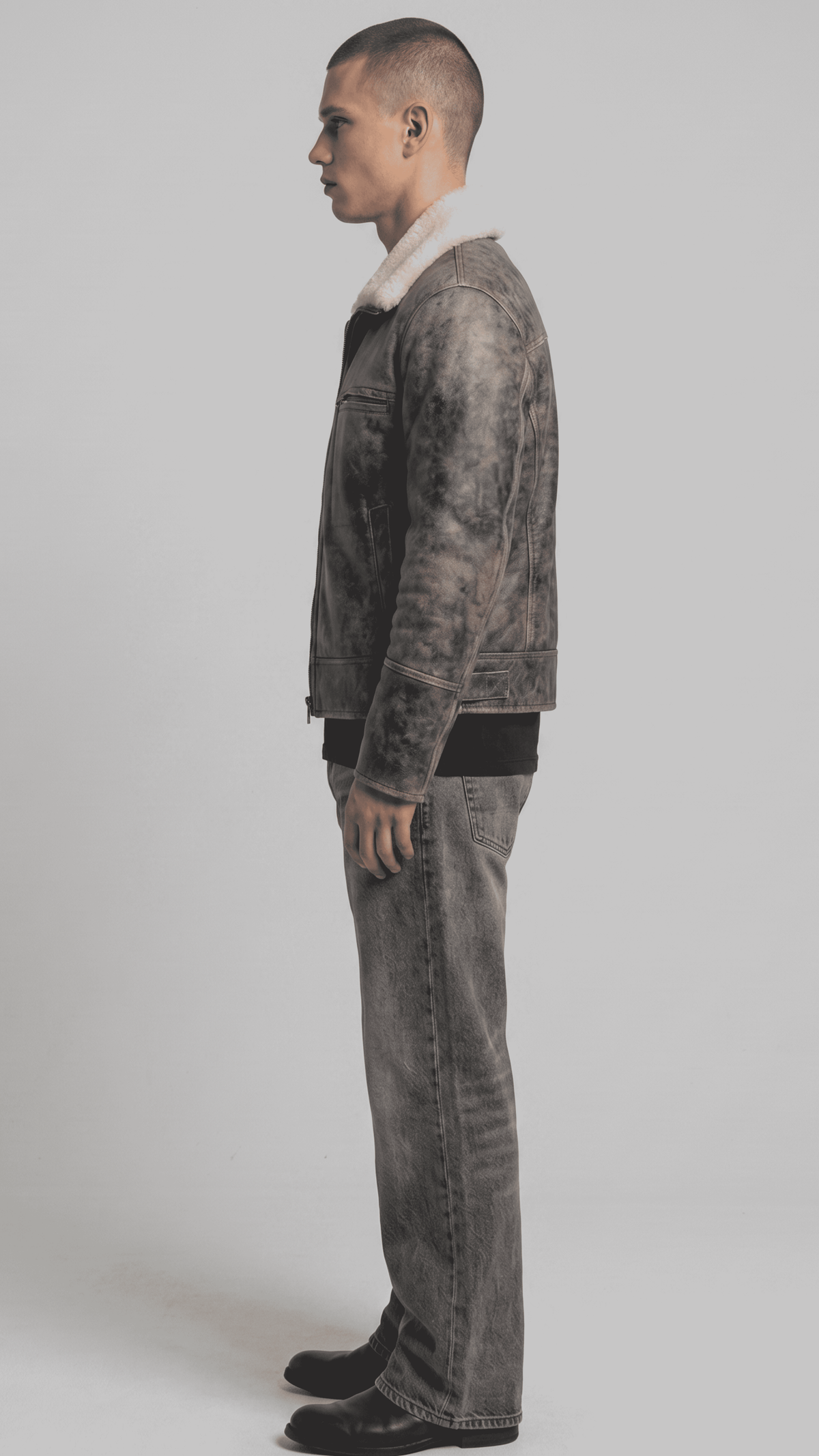 Heavy-duty dark grey leather bomber jacket with insulated white shearling collar for winter weather.
