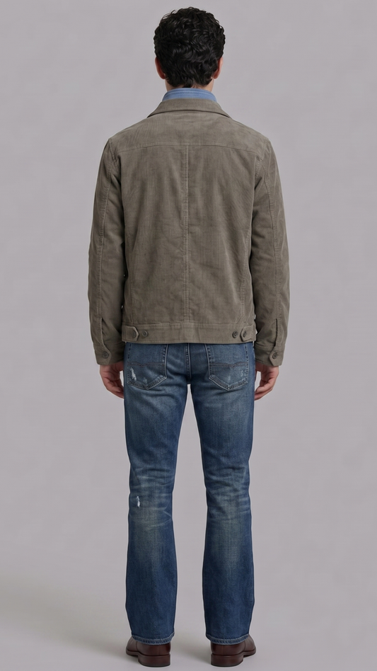 Tailored fit dark grey utility suede outerwear layered over a casual sweater for a modern rugged aesthetic.