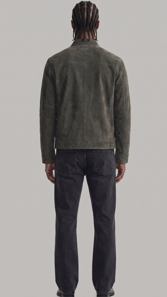 A man viewed from the back wearing a dark olive green suede jacket and dark charcoal gray jeans, standing against a solid light gray background.