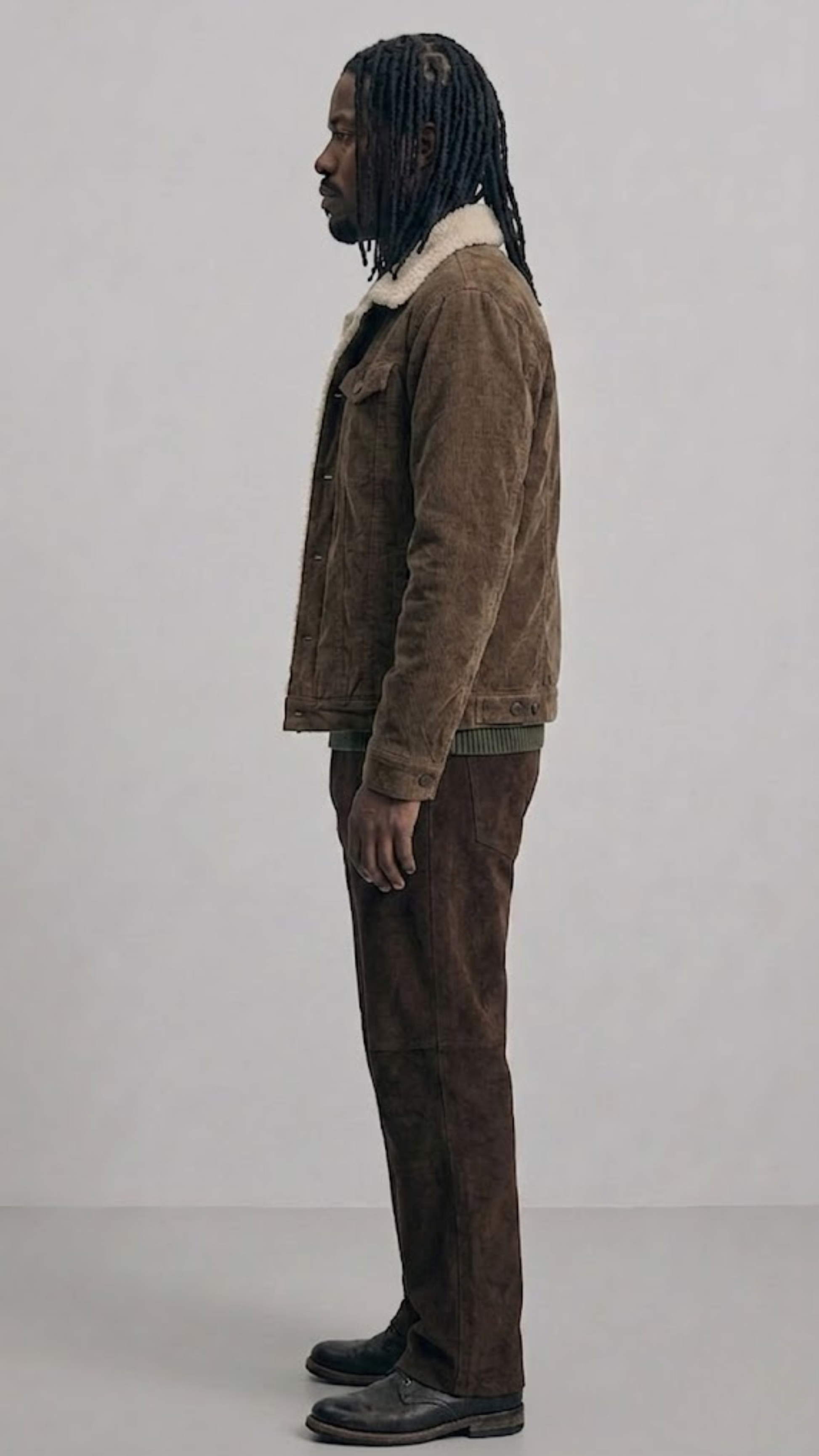 a model wearing a dark chocolate brown suede jacket with cream shearling trim.