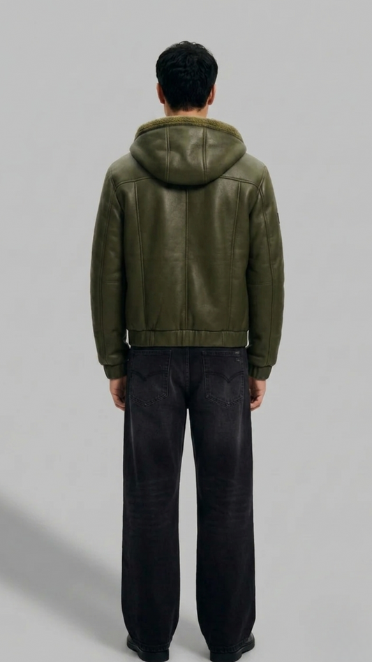 Jackero men's dark green hooded leather bomber highlighting clean seam alignment and structured fit.