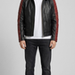 Front view of premium dark black and red quilted leather jacket featuring a stylish hood and zippered front pockets.