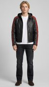 Front view of premium dark black and red quilted leather jacket featuring a stylish hood and zippered front pockets.