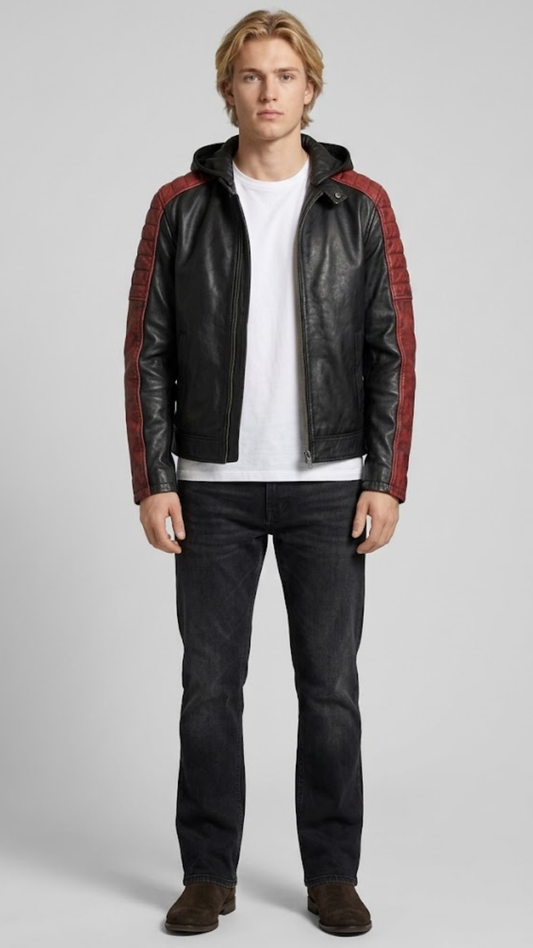 Front view of premium dark black and red quilted leather jacket featuring a stylish hood and zippered front pockets.