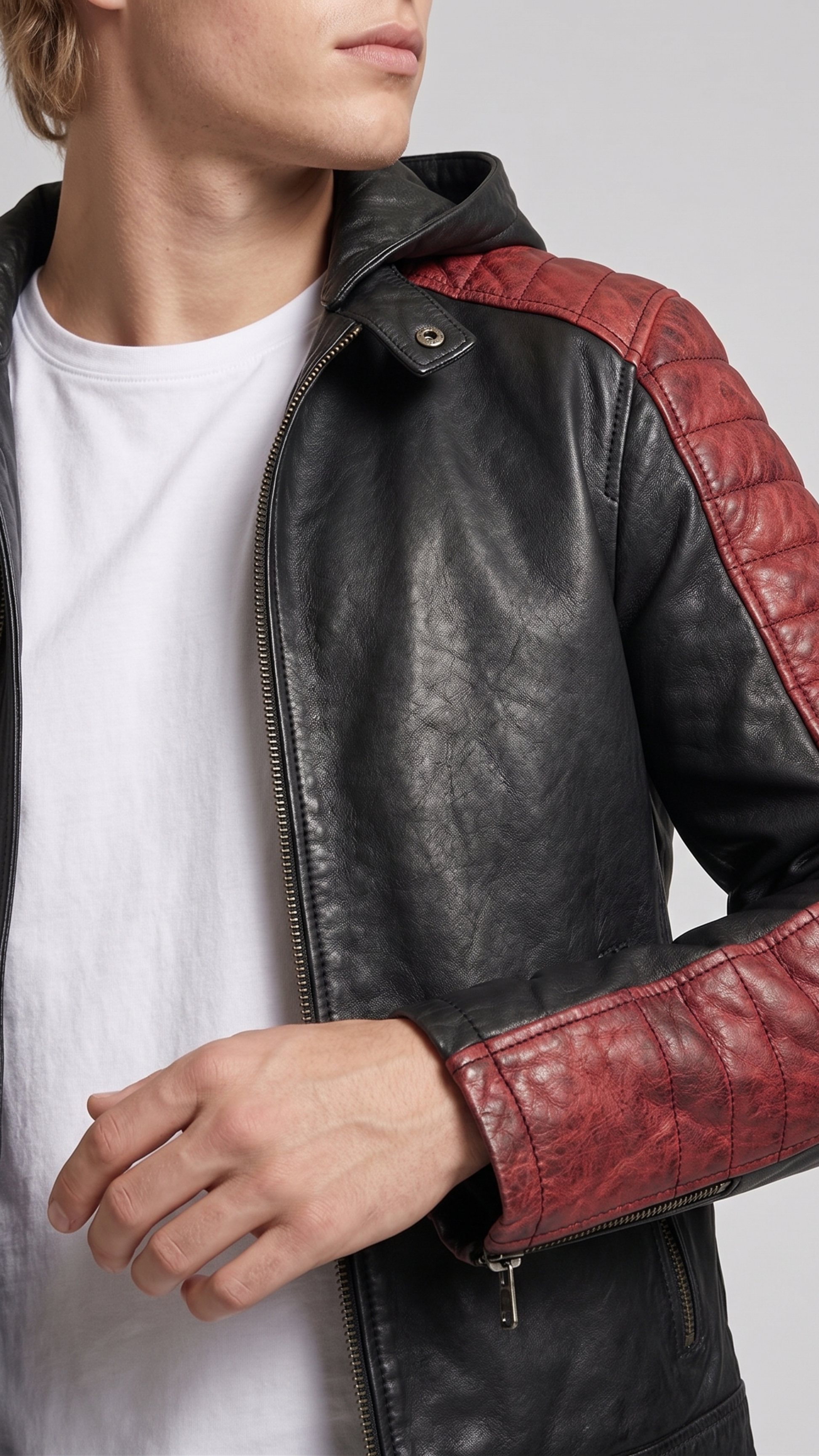 Close-up of the detailed red quilting pattern on a premium black leather hooded motorcycle jacket.