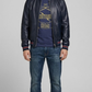 Jackero premium dark blue leather bomber jacket with a clean center-zip layout.