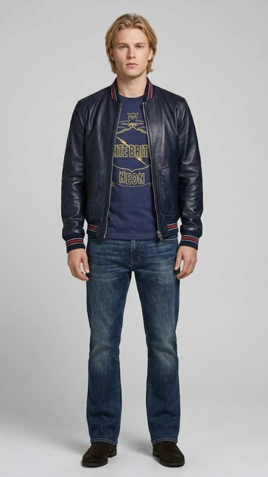 Jackero premium dark blue leather bomber jacket with a clean center-zip layout.