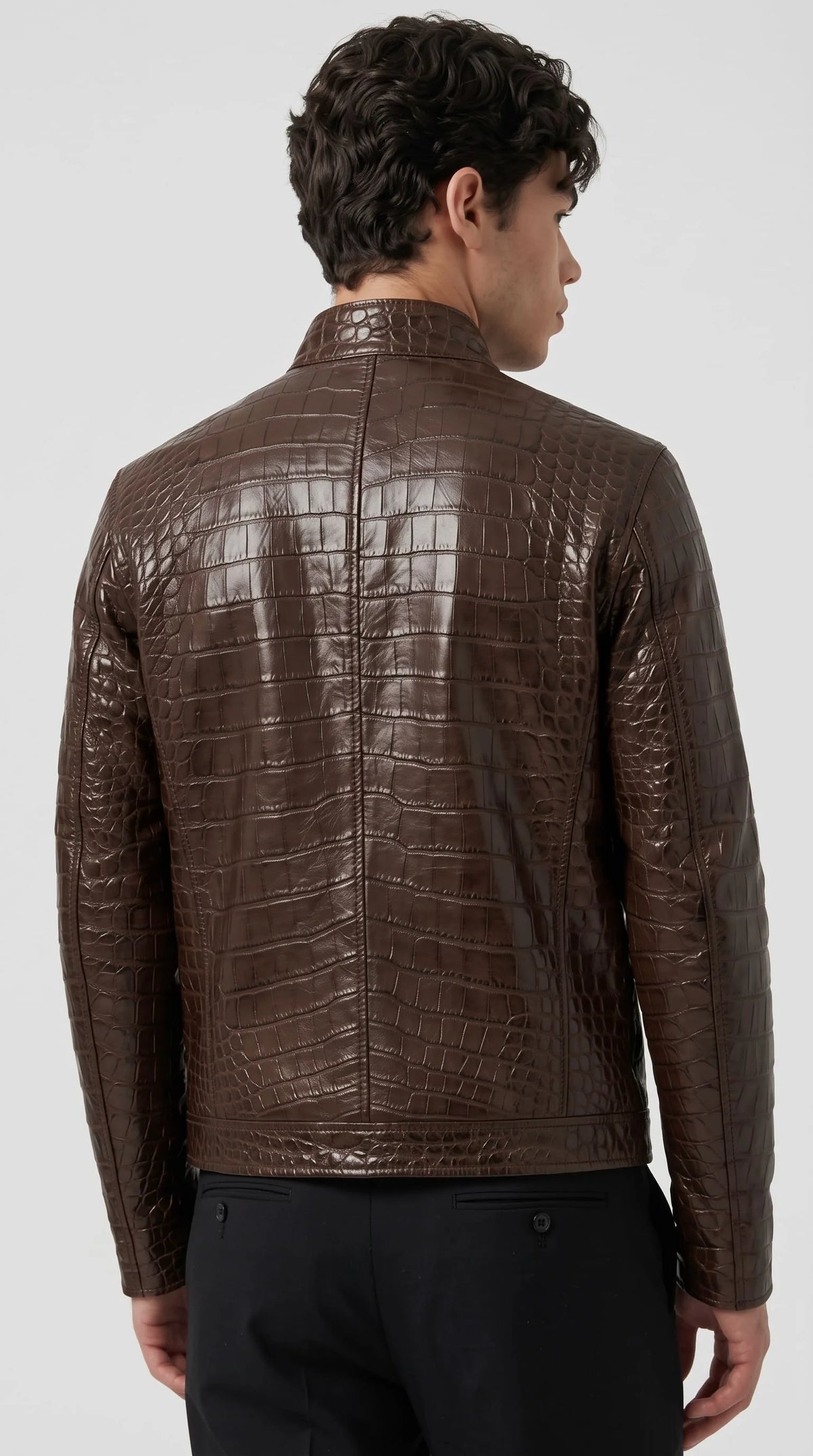 Premium brown crocodile pattern leather jackero jacket for men with minimalist band collar and zip cuff details on model