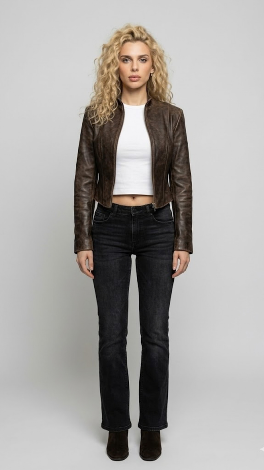A professional studio front shot of the Jackero premium dark brown distressed leather jacket, showcasing its rich vintage color tones and clean zip-up style.