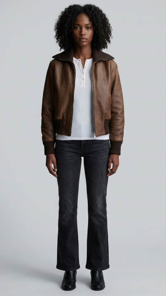 Front view clean lookbook photography of a model wearing Jackero dark brown leather bomber jacket over a casual winter shirt style.