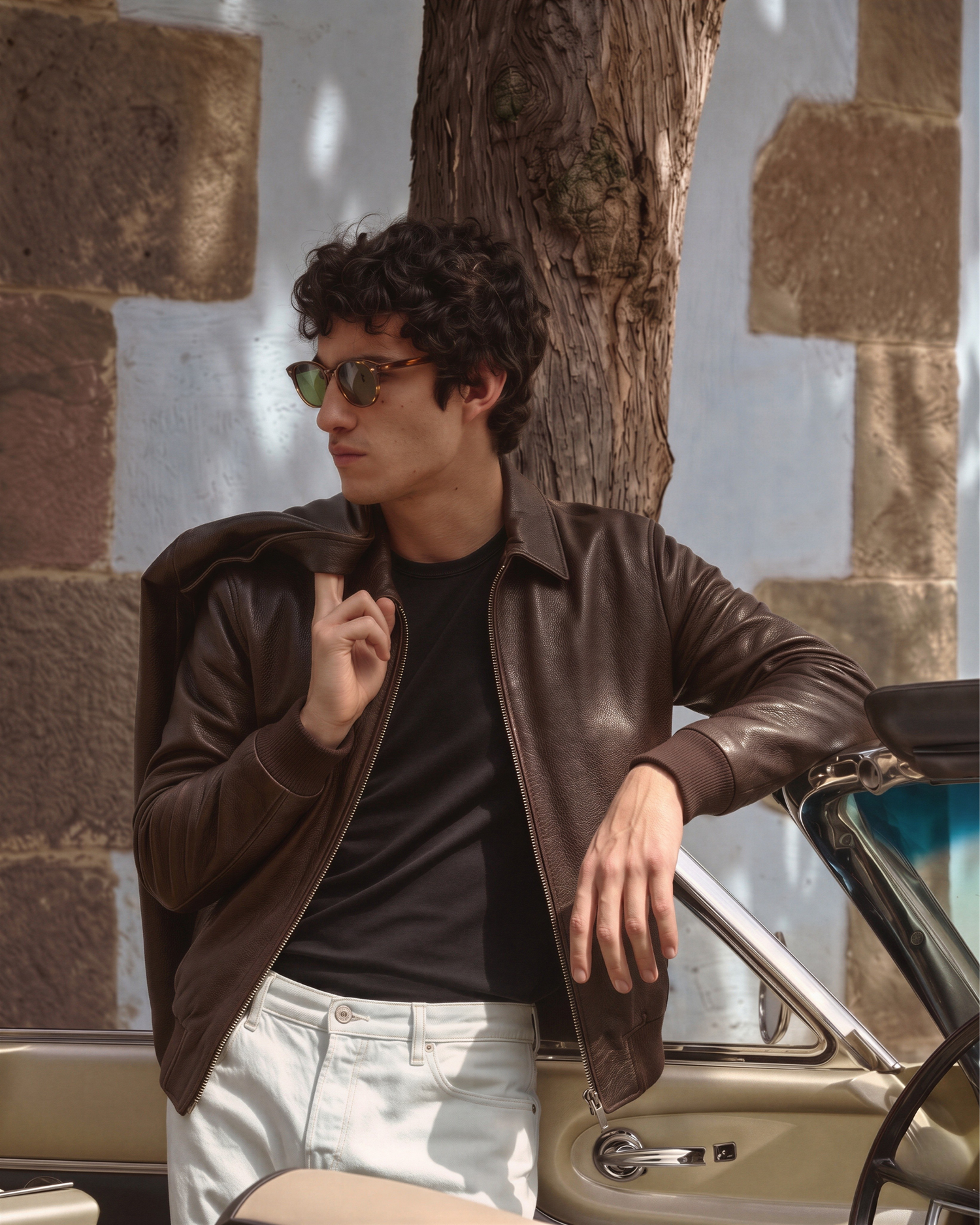 Slim fit 'JACKERO' dark brown leather outerwear with front zip closure and ribbed waist cuff.