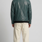 Symmetrical rear view studio shot highlighting the uniform deep teal color saturation and clean paneling of the luxury leather coat.