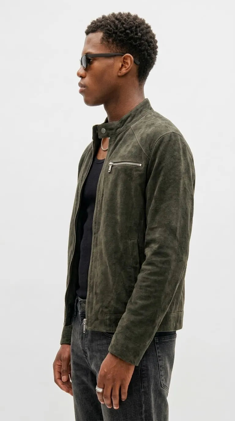 Sleek and affordable dark grey suede jacket that elevates your everyday style, grabbing attention with its pocket-friendly price and luxurious feel.