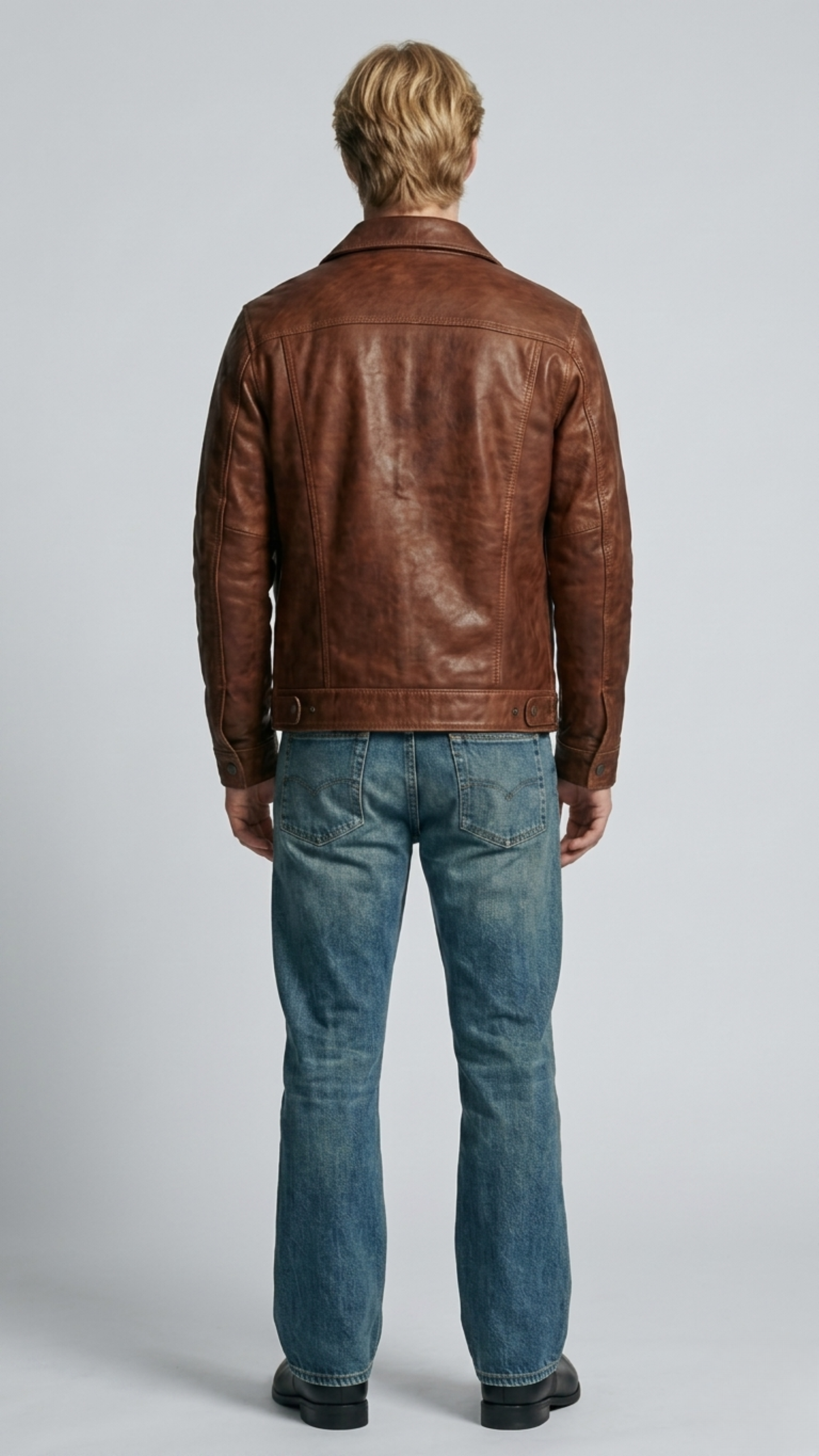 Symmetrical rear view studio shot highlighting the natural distressed variations and heavy stitched panels of the dark tan leather jacket.