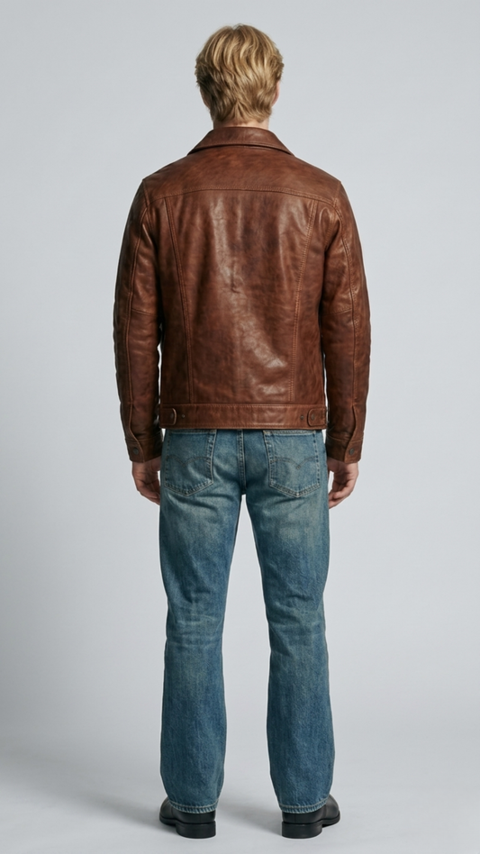 Symmetrical rear view studio shot highlighting the natural distressed variations and heavy stitched panels of the dark tan leather jacket.