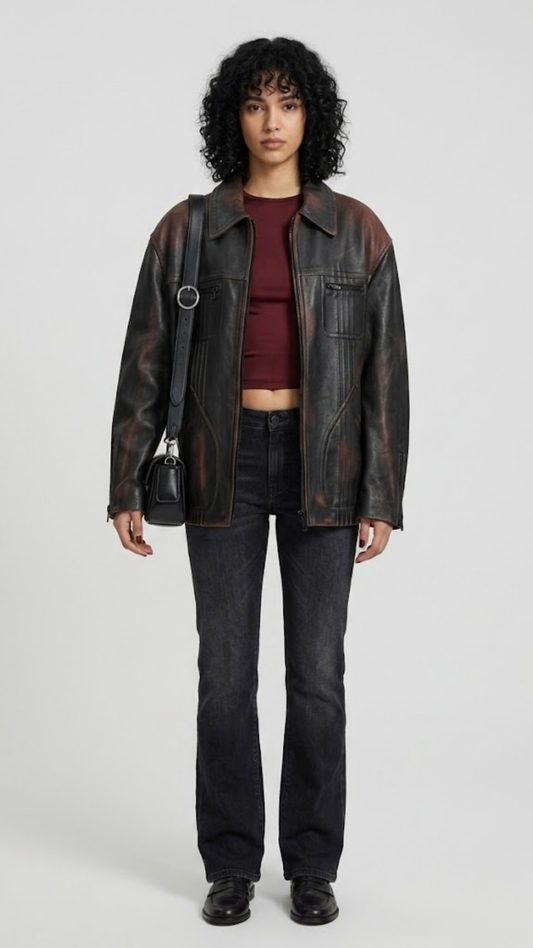 A professional lookbook front shot of the Jackero premium distressed black leather trucker jacket with button-up closure details.