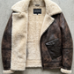 Jackero dark brown distressed aviator jacket with premium cream shearling insulation.