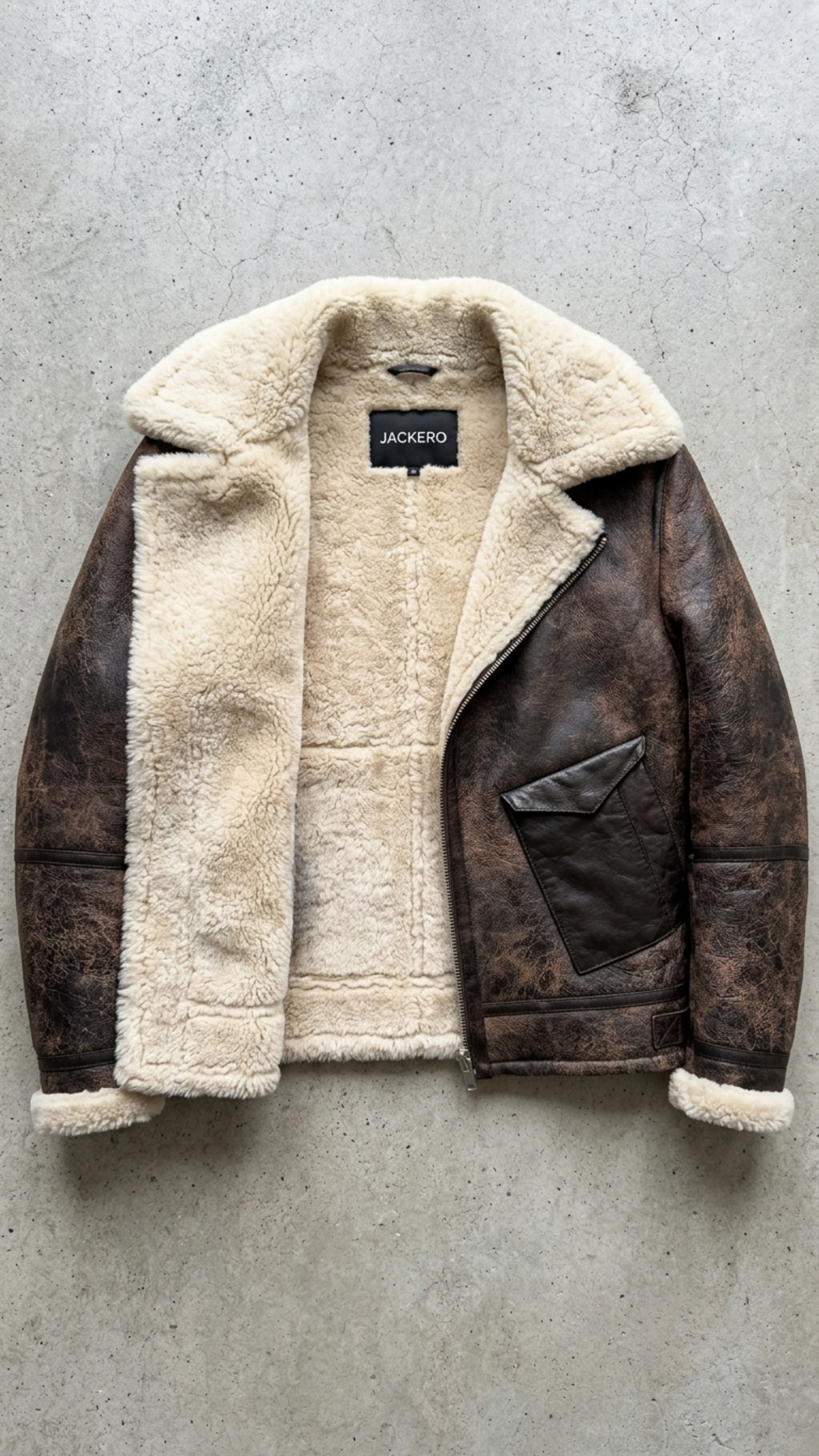 Jackero dark brown distressed aviator jacket with premium cream shearling insulation.
