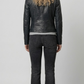 back-angle profile view of a tailored fit women's black crocodile leather outerwear displaying a clean waistline alignment and sleek sleeves.