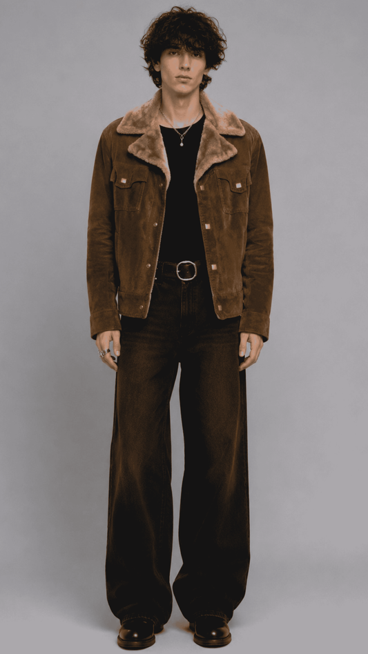 Front full view of a men's dark mustard suede Western jacket featuring a plush warm fur collar and clean zipper front.