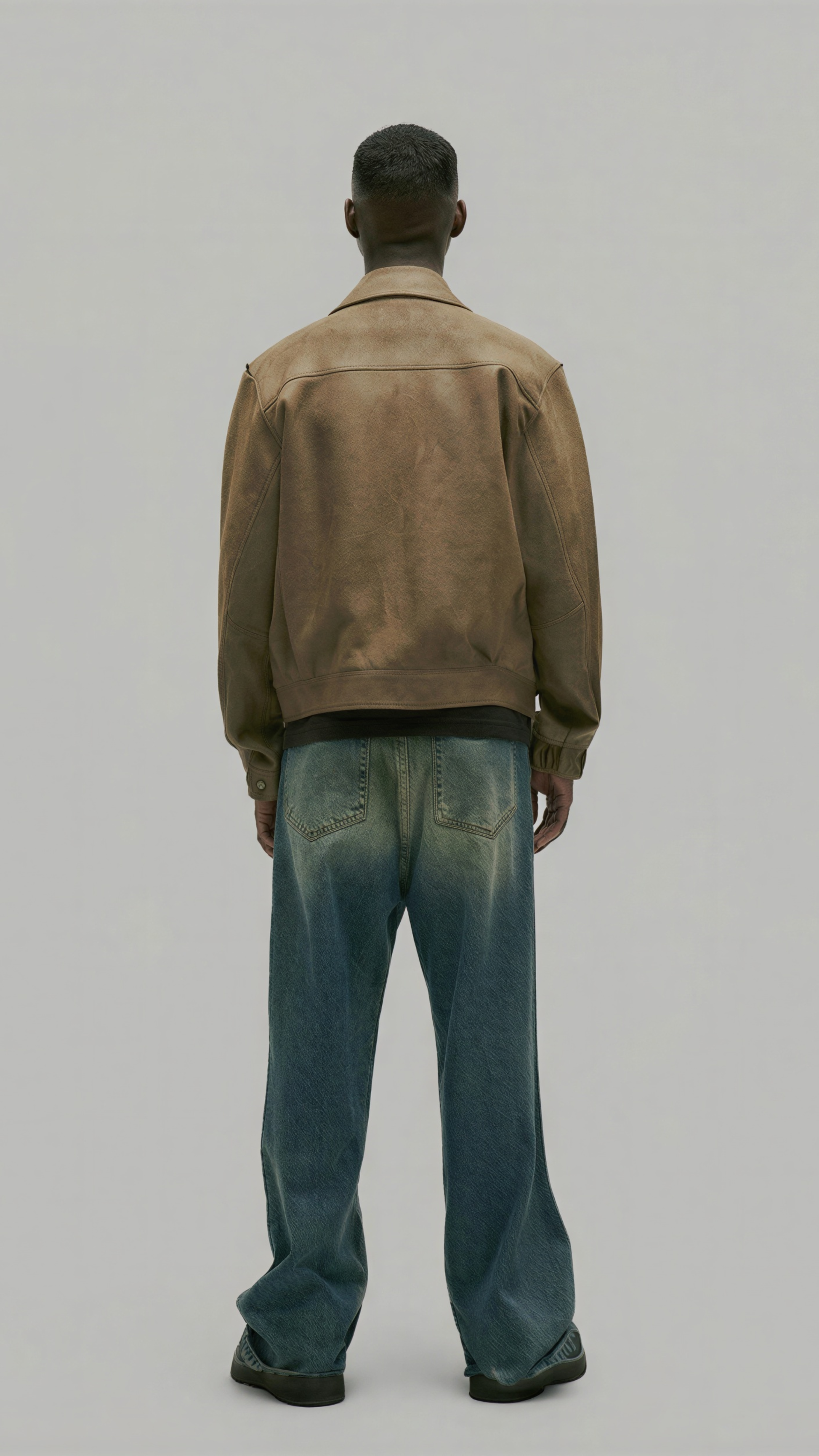 Straight-on back view of Jackero custom-fit tan leather outerwear highlighting clean stitching and premium horizontal panel alignment.