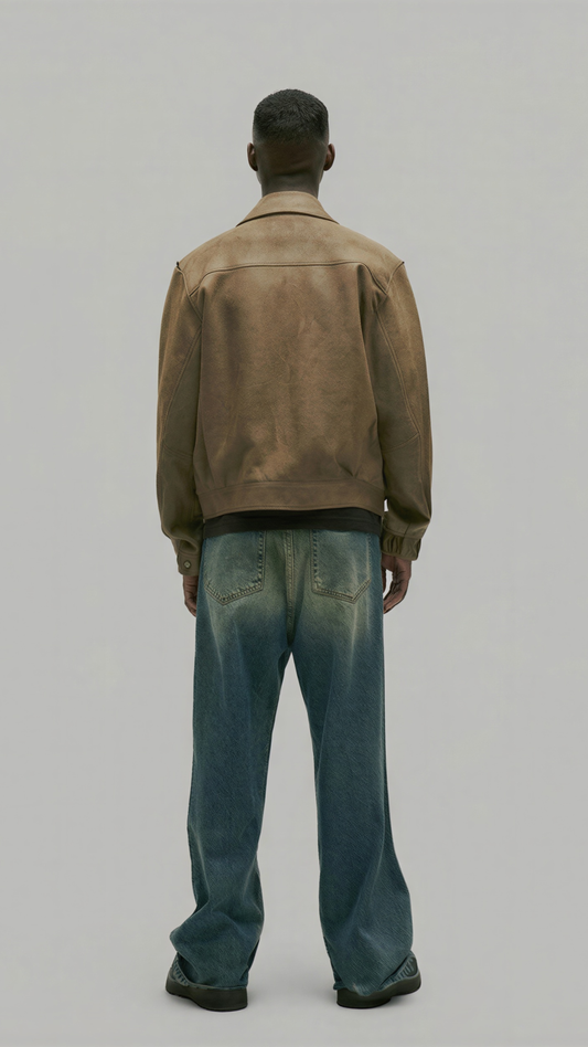 Straight-on back view of Jackero custom-fit tan leather outerwear highlighting clean stitching and premium horizontal panel alignment.