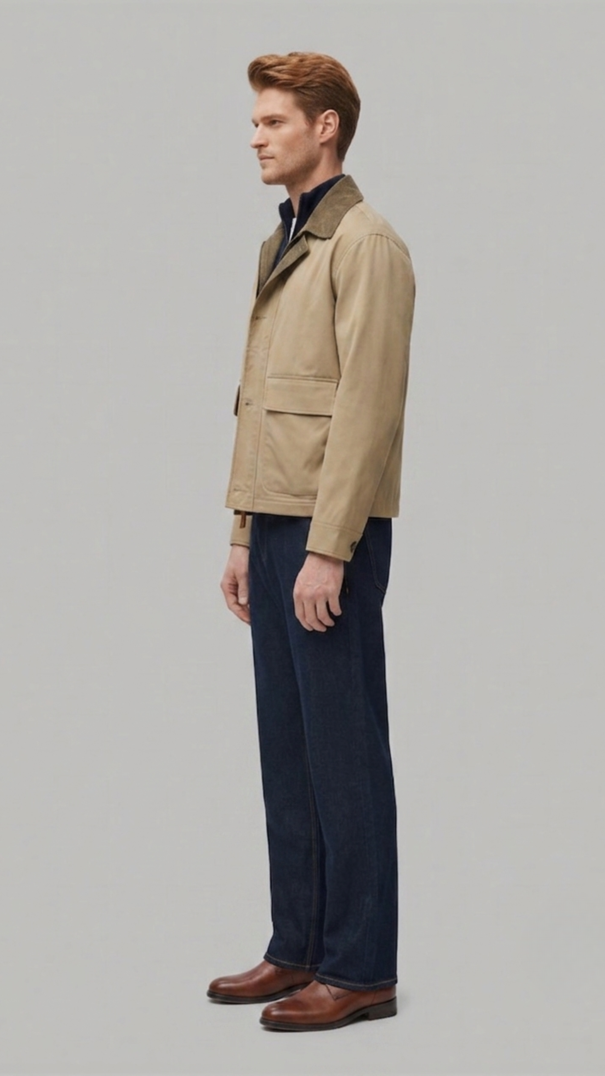 well-tailored beige cotton jacket showcasing symmetrical pockets and a clean fit.