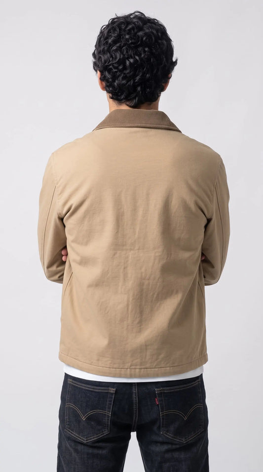 Back view of a structured beige cotton coat highlighting squared shoulders and precise central seam alignment.