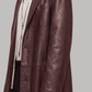 Close-up shot of broad notch lapel collar and rich dark red vine grain leather texture