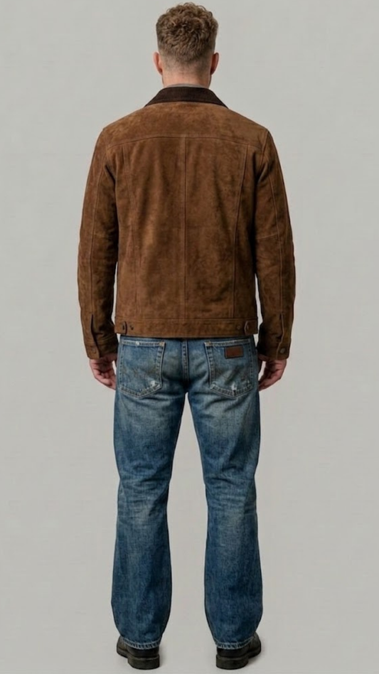 Regular fit men's dark brown suede outerwear displaying clean side welt pockets and adjustable button cuffs for a tailored profile.