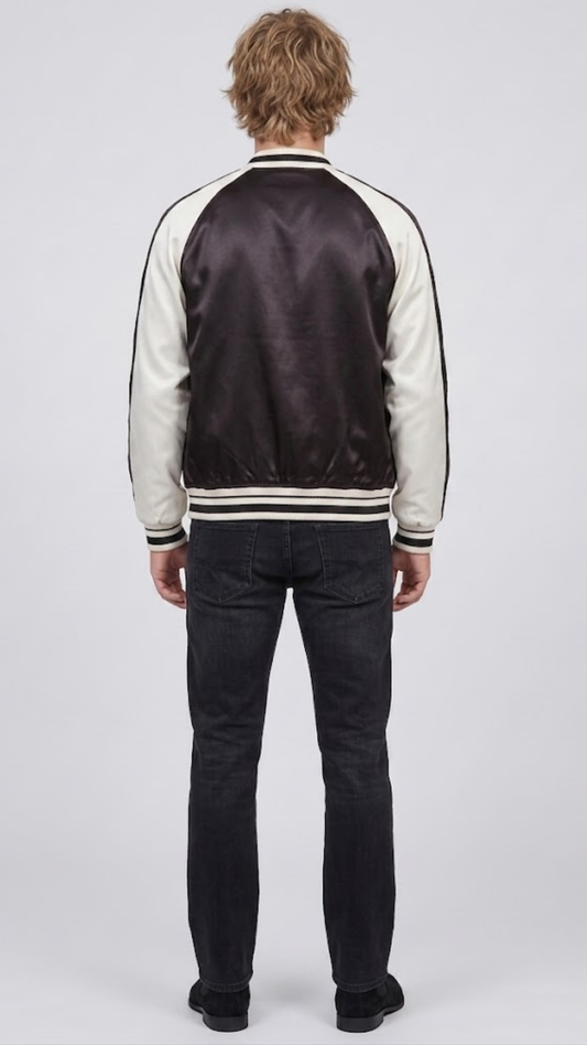 Regular fit men's monochrome varsity jacket displaying clean white-trimmed side slash pockets and a sporty tailored profile.