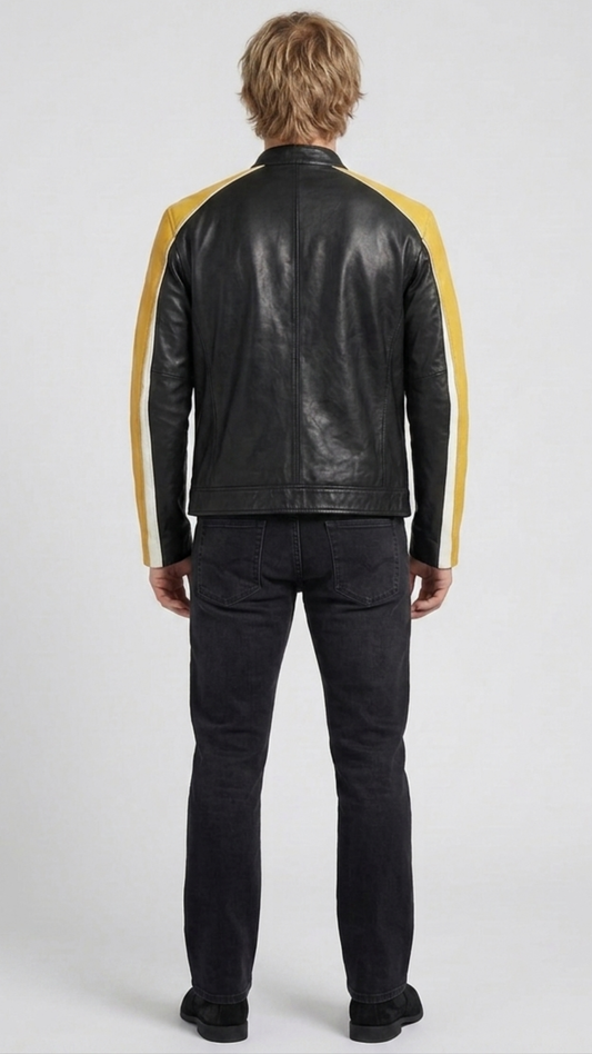 Detailed view of the high-contrast white and yellow leather paneling along the sleeves of a premium black racing jacket.