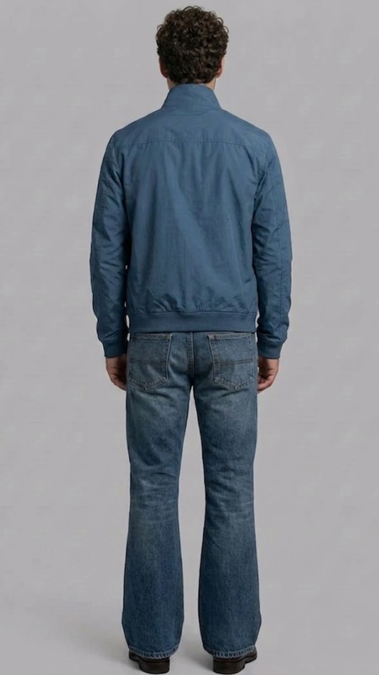 Detailed view of the premium matching cyan rib-knit collar, cuffs, and hemline on a structured lightweight casual jacket.
