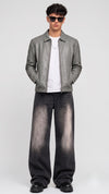 Front full view of a JACKERO premium men's grey leather jacket showcasing a sleek slate color tone and full zip closure.