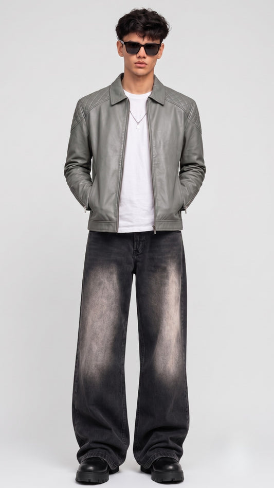 Front full view of a JACKERO premium men's grey leather jacket showcasing a sleek slate color tone and full zip closure.