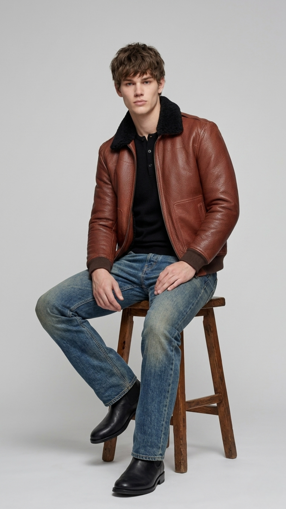 rich grain of the cognac tan leather contrasting against the dense plush black shearling lapel texture