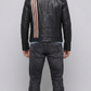 Minimalist cafe racer style dark black genuine leather jacket with contrasting sporty lines.