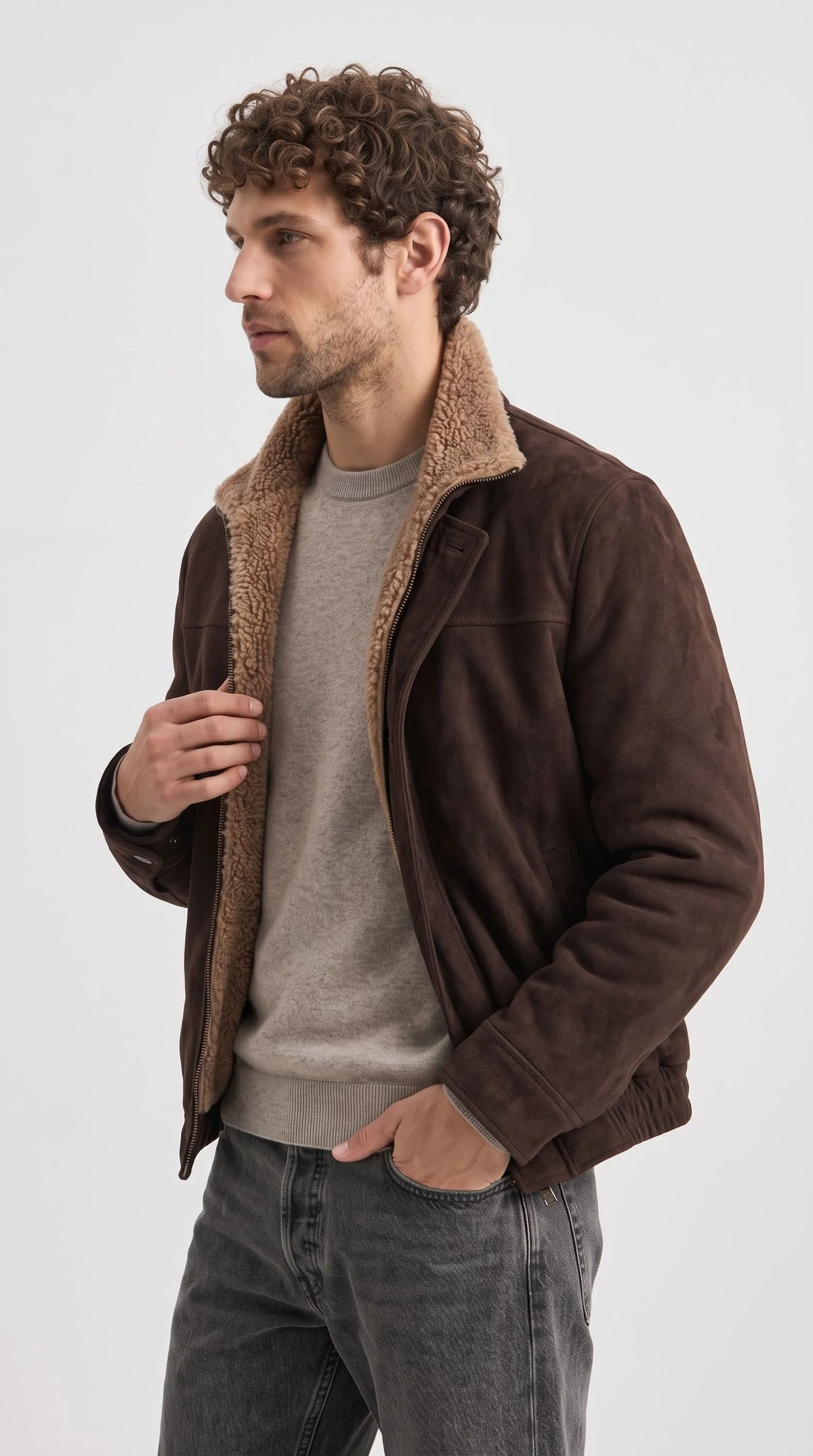 A flawless monochromatic winter staple, this Jackero premium mocha brown suede coat delivers ultra-cozy shearling warmth and an undeniable earth-tone hypebeast vibe for the city streets.