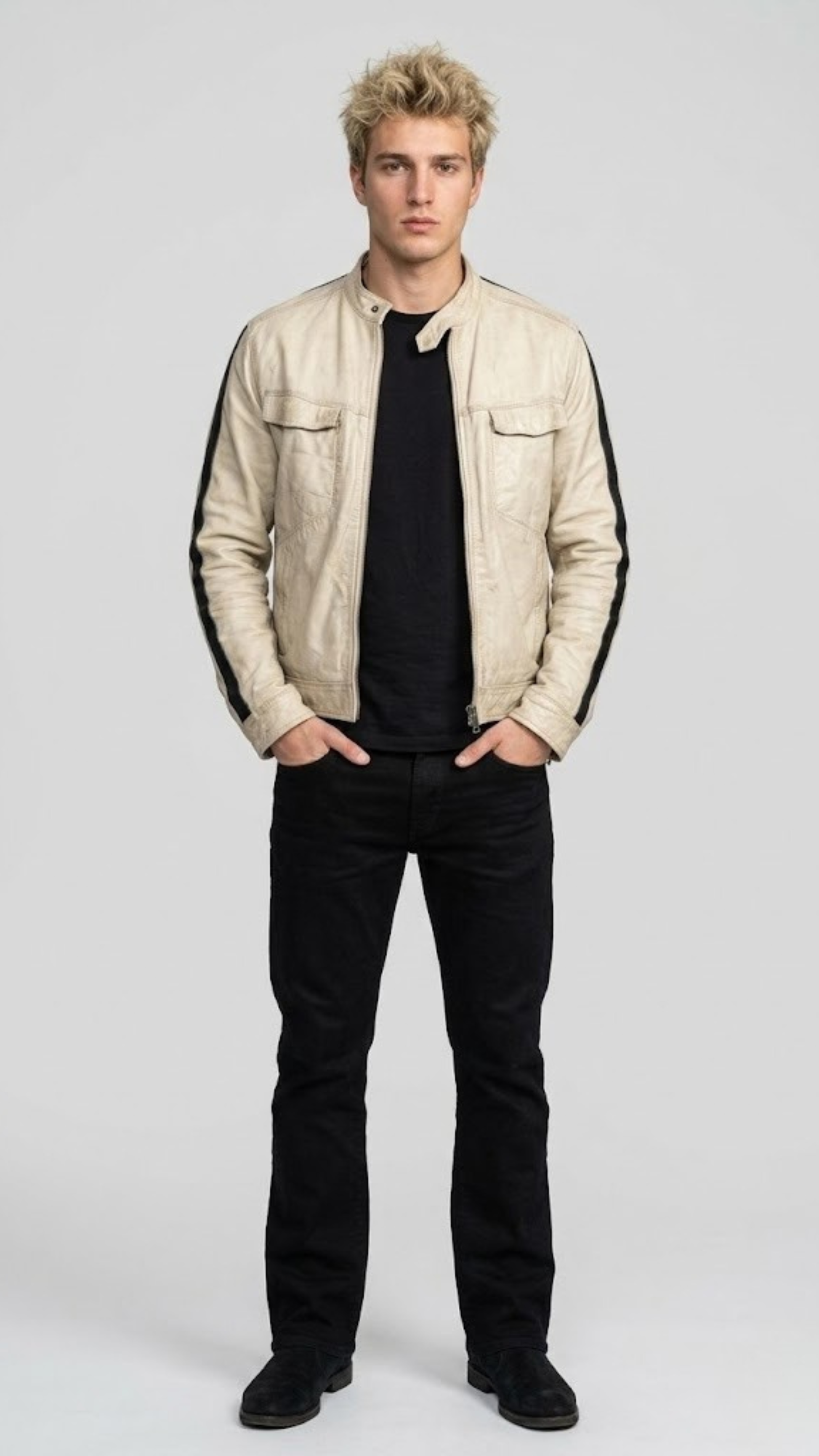 minimalist panel structure and pristine cream leather profile of the luxury racer coat.