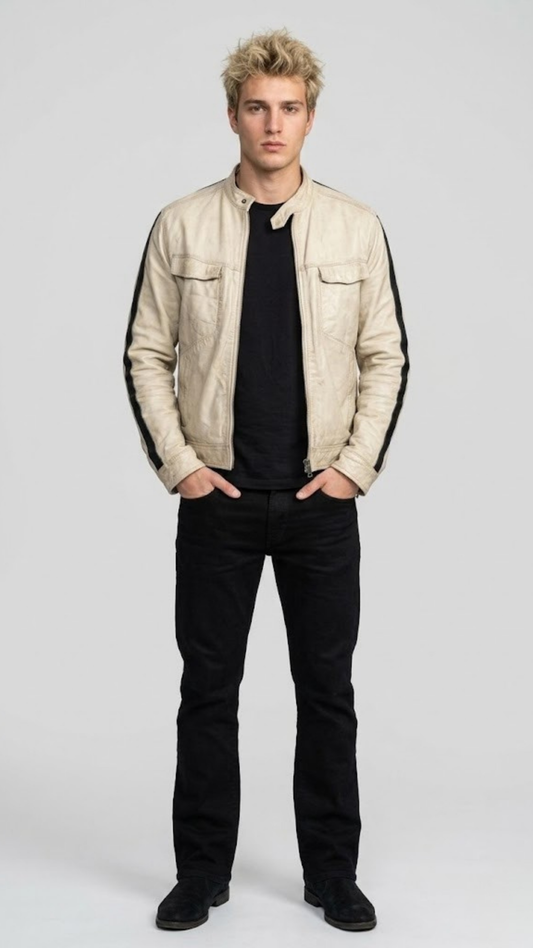 minimalist panel structure and pristine cream leather profile of the luxury racer coat.