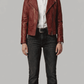 Front portrait of a men's dark red biker leather jacket from Jackero, featuring a deep maroon tone with asymmetric silver zippers and lapels.