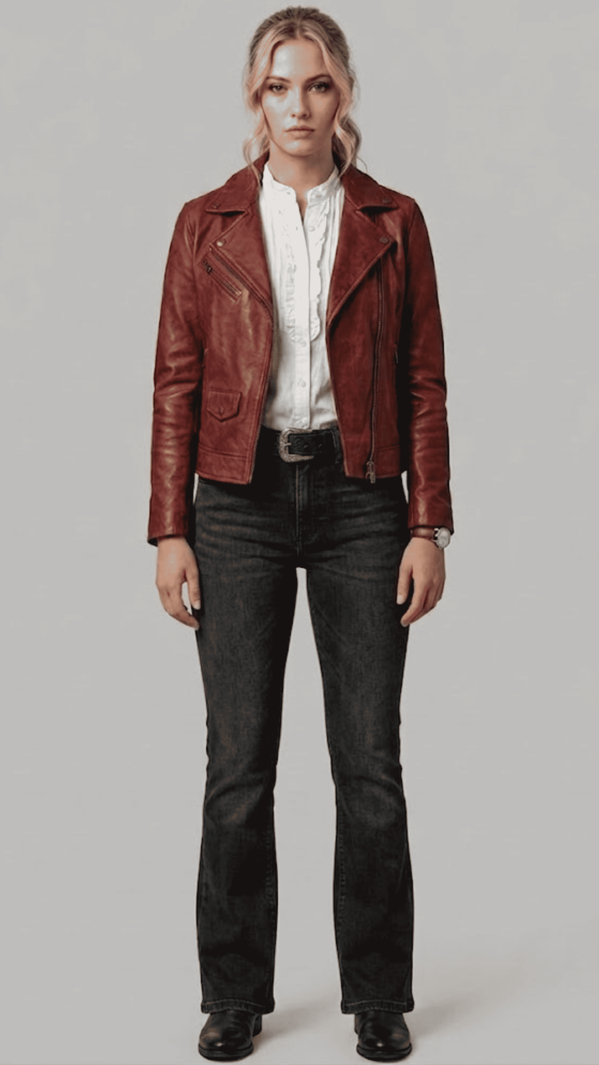 Front portrait of a men's dark red biker leather jacket from Jackero, featuring a deep maroon tone with asymmetric silver zippers and lapels.