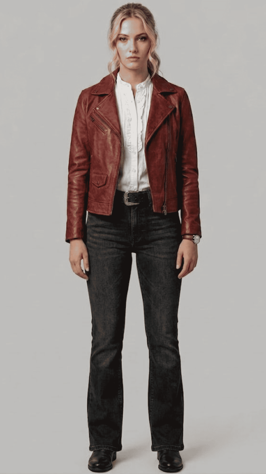 Front portrait of a men's dark red biker leather jacket from Jackero, featuring a deep maroon tone with asymmetric silver zippers and lapels.