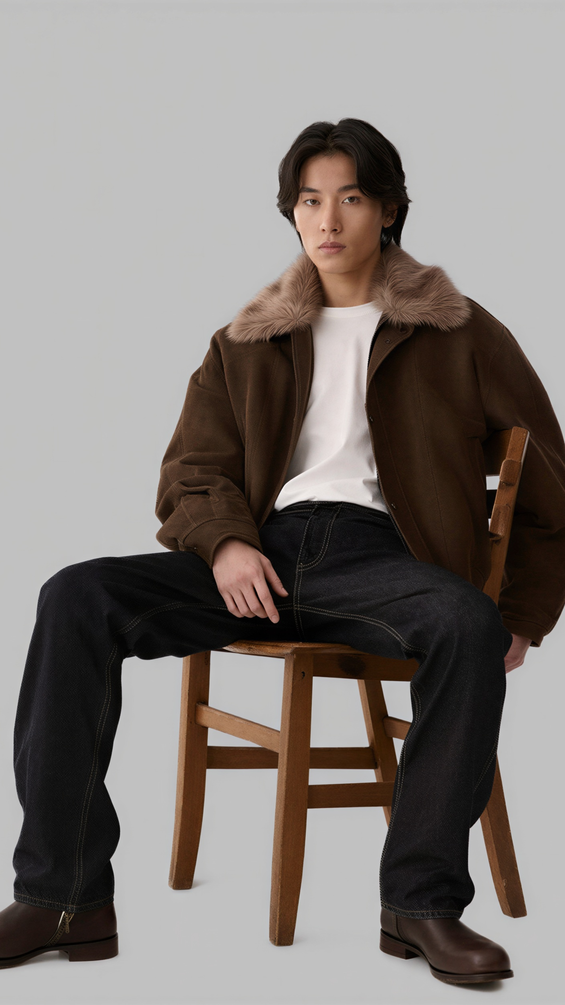 Man sitting on a wooden chair wearing a brown coat with fur collar.
