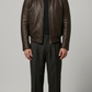 a jackero premium men's dark chocolate brown leather jacket featuring a minimalist zip closure and sleek collar.