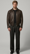 a jackero premium men's dark chocolate brown leather jacket featuring a minimalist zip closure and sleek collar.