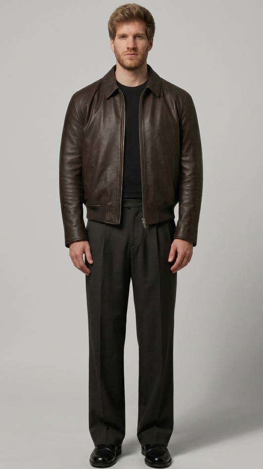 a jackero premium men's dark chocolate brown leather jacket featuring a minimalist zip closure and sleek collar.