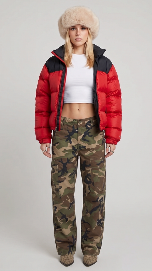 A model showcasing the Jackero red and black colorblock puffer jacket in a full streetwear look.